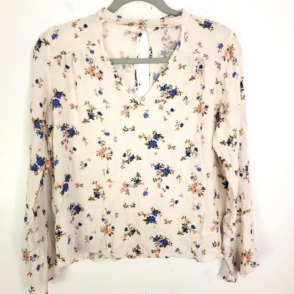 American Eagle Top Womens M Floral High Neck Keyhole Front Bell Sleeve Light